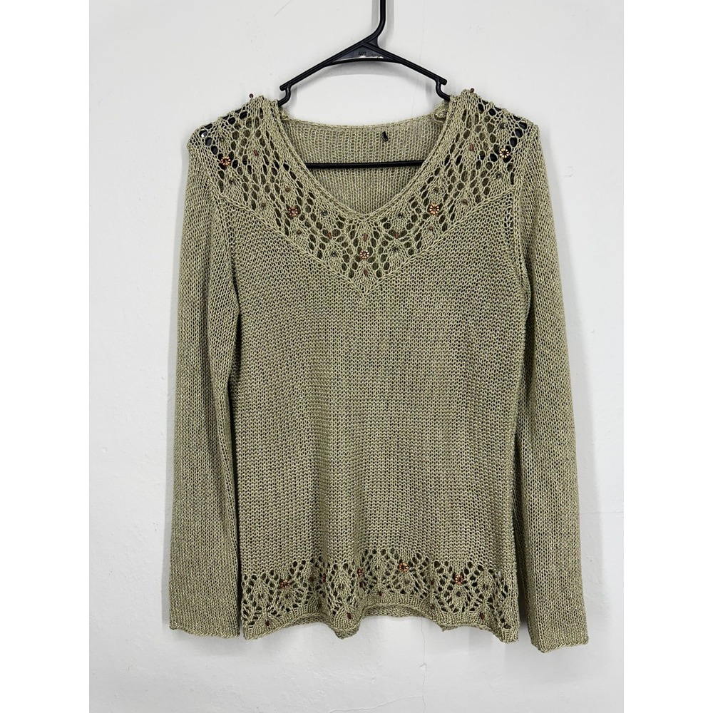 VTG Boho Sweater Olive Green Crochet Knit Wooden Beaded Long Sleeve V Neck